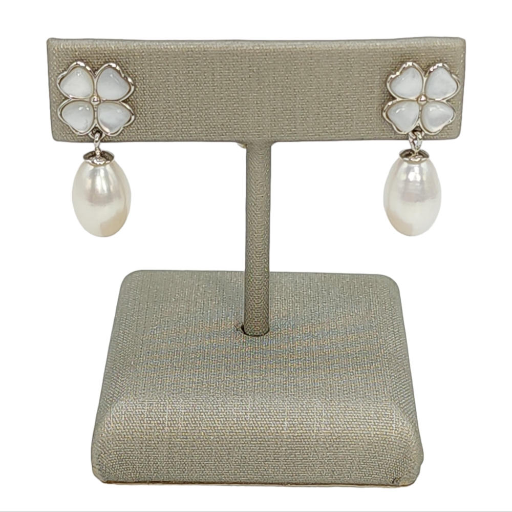925S Silver White Freshwater Pearl Drop Earrings Mother of Pearl Clover Shaped‎
